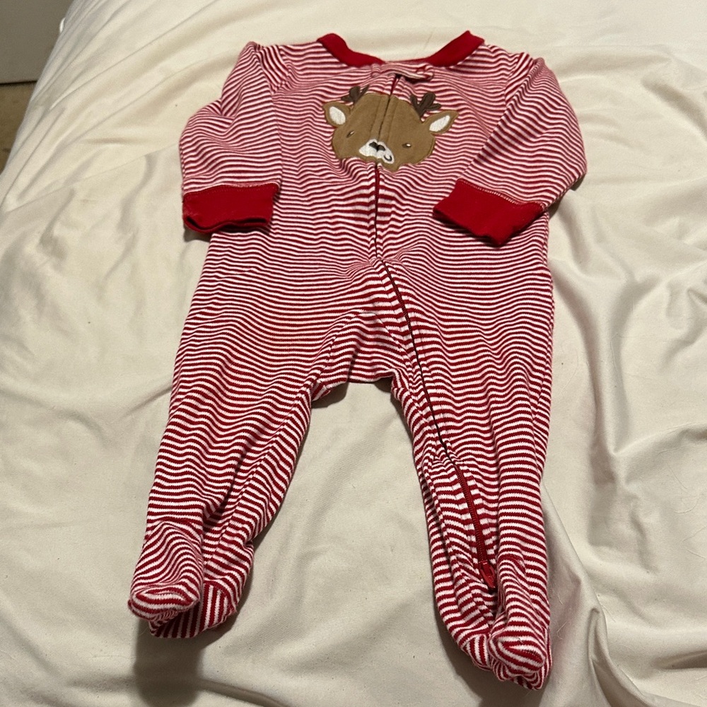 Carter's Red and White Striped Footie with Reindeer